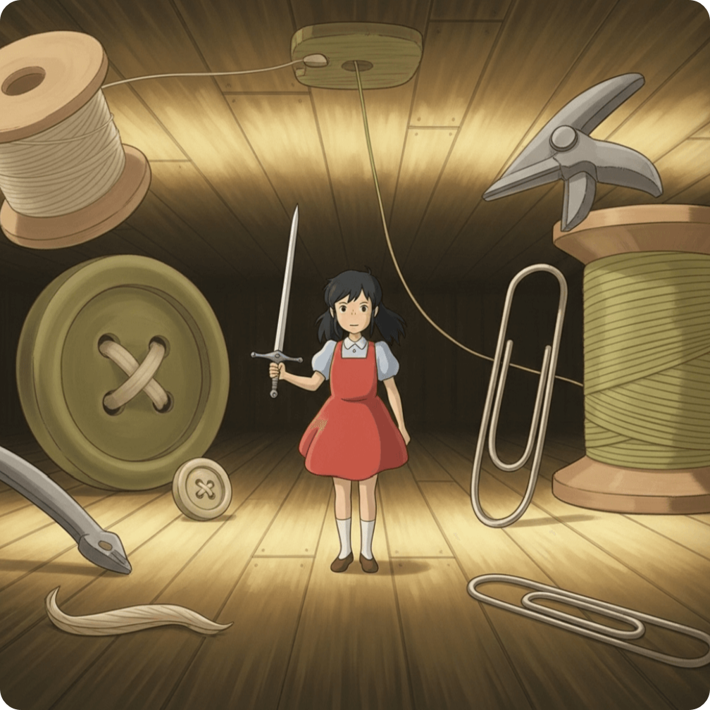 alt="붉은 원피스를 입은 아리에티가 바닥 밑의 작은 세계에서 실타래와 버튼, 클립으로 만든 도구들 사이에 서 있는 장면. 따뜻한 조명 아래 절제된 아름다움과 재활용의 미학을 담은 일러스트."