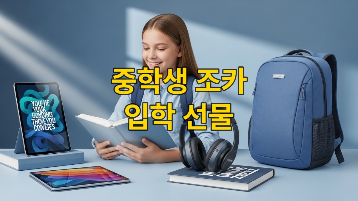 2026년 중학교에 입학하는 조카를 위한 실용적인 선물들이 책상 위에 놓여있고, 한 여학생이 밝게 웃고 있는 모습.