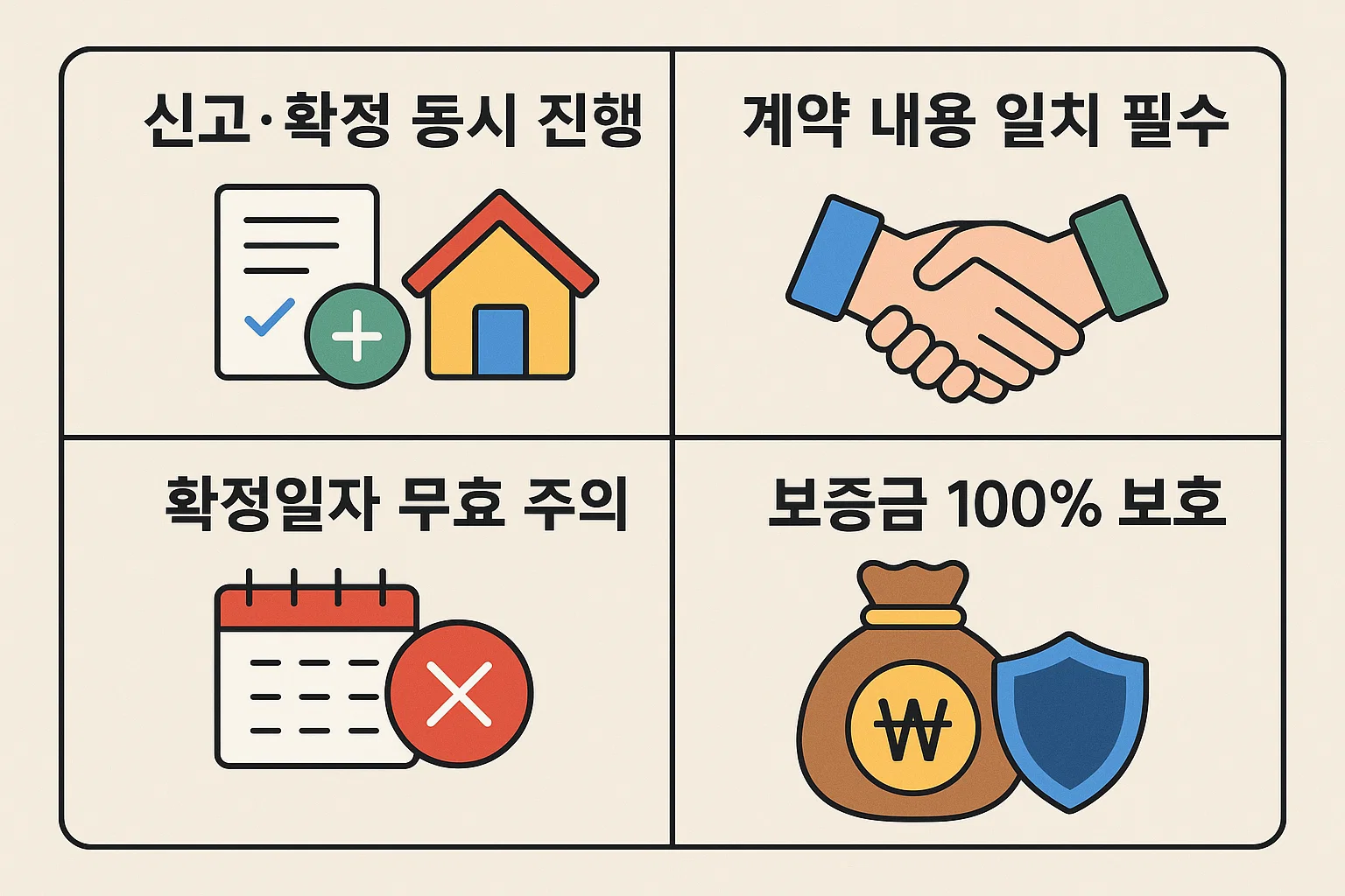 신고&middot;확정을 동시에 진행하는 방법, 확정일자 무효 주의사항, 계약 내용 일치 및 보증금 100% 보호 조건을 시각적으로 정리한 인포그래픽