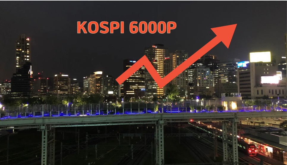 코스피 6000 돌파 기대를 상징하는 서울 야경과 상승 차트