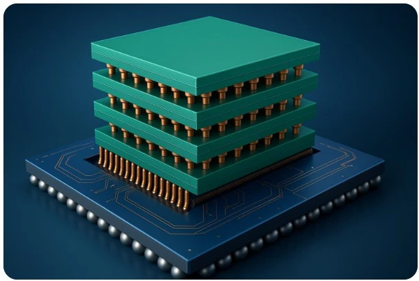 층층이 쌓인 칩과 금속 범프로 연결된 HBM 메모리 구조 도식화