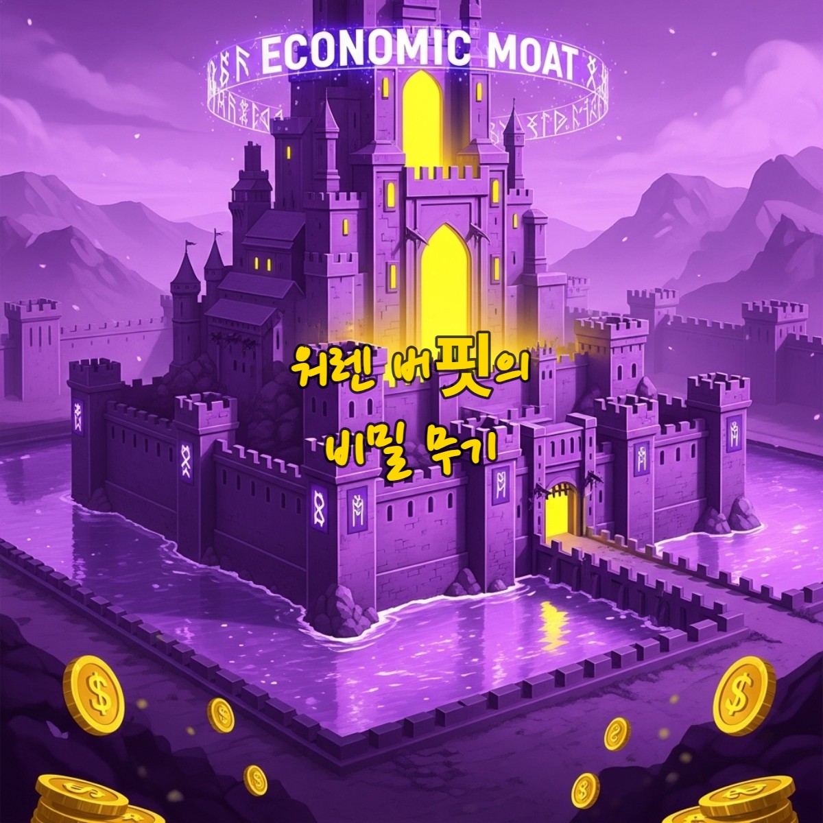깊고 넓은 해자로 둘러싸인 웅장한 성의 모습. 워렌 버핏의 경제적 해자를 상징하며, 기업의 강력한 경쟁 우위와 장기적인 수익성을 나타냅니다.