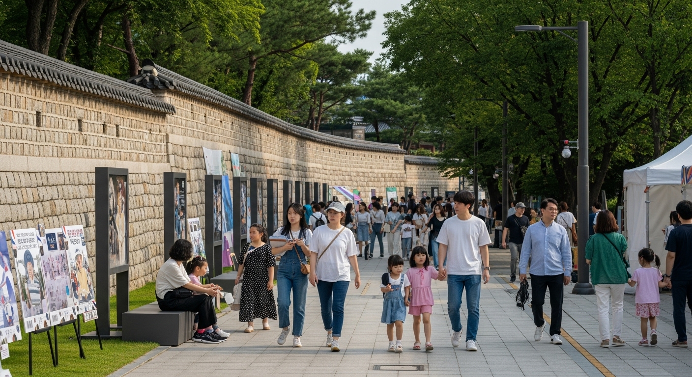 2025년 덕수궁 돌담길에서 문화 행사를 즐기거나 산책하는 사람들의 활기찬 모습. 역사와 현재가 공존하는 서울의 대표적인 문화 공간.