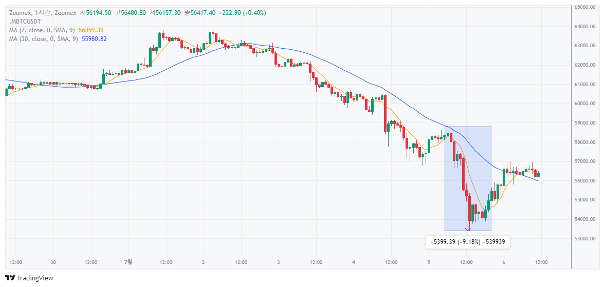 7월6일-9퍼센트-가량의-급격한-하락을-보여주는-비트코인-차트