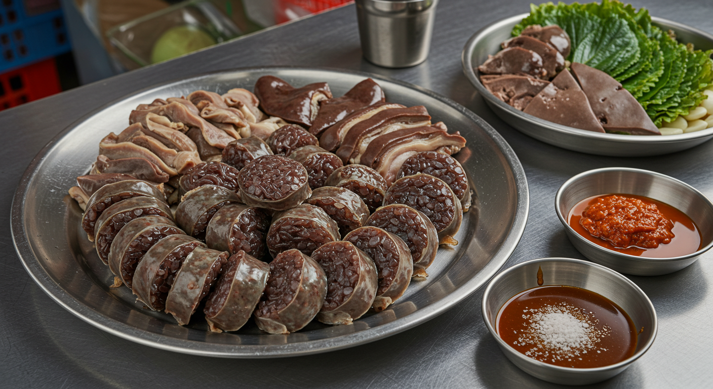 Korean sundae set with blood sausage, liver, and dipping sauces at Gwangjang Market ❘ 서울 광장시장 순대 세트