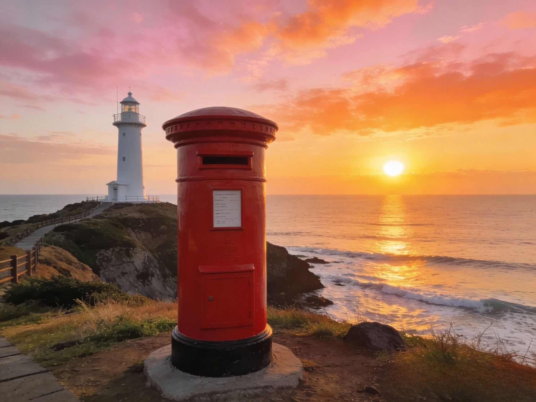 울산 간절곶에서 등대와 소망우체통을 배경으로 떠오르는 2026년 신년 일출