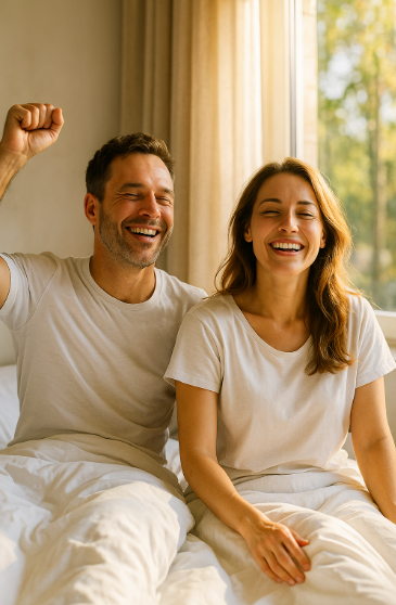 아침 햇살 아래에서 활짝 웃으며 일어나는 남녀, 건강하고 상쾌한 표정, 리얼리즘 스타일