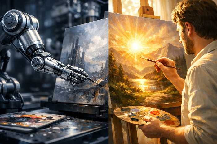 로봇의 작업과 대비되어 빛나는 인간의 예술 창작 활동