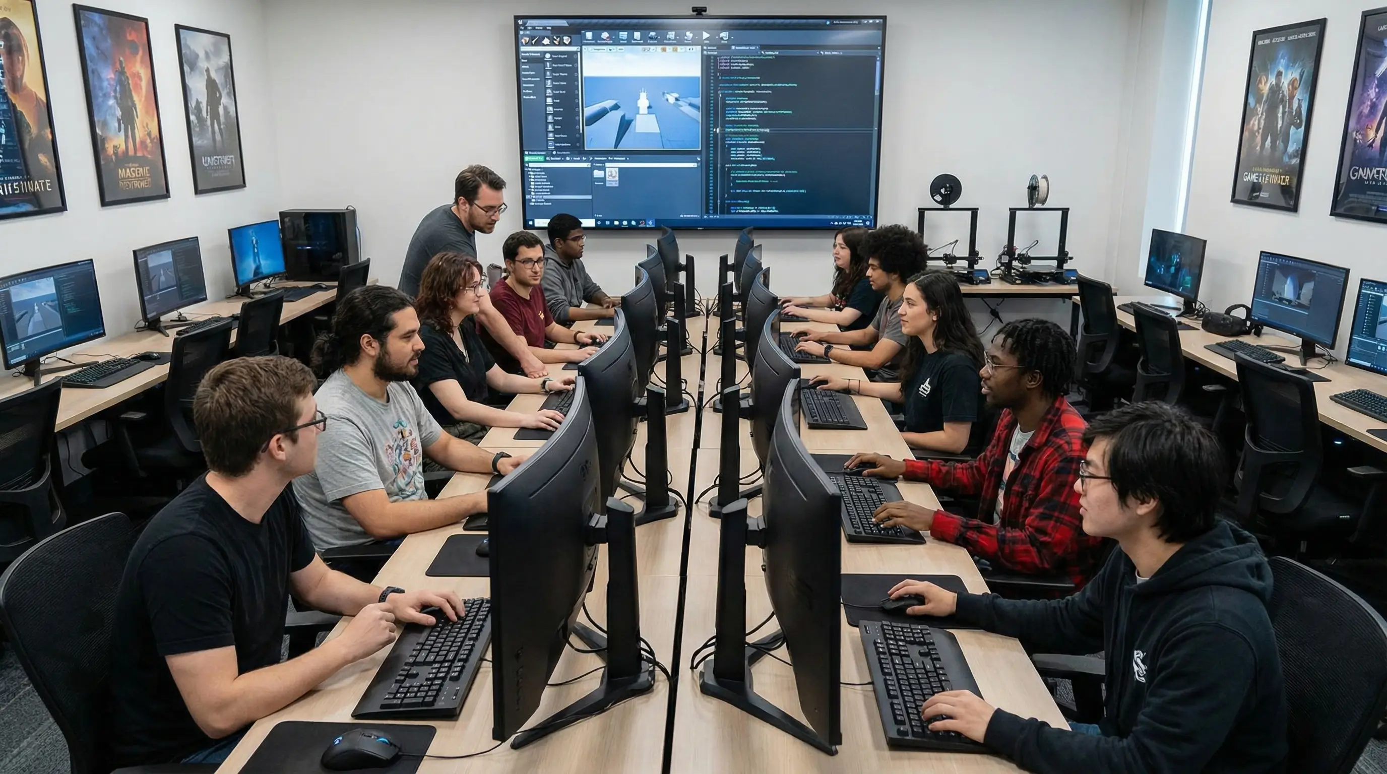 최신 컴퓨터 장비가 갖춰진 강의실에서 게임 디자인 및 코딩 교육을 받고 있는 수강생들