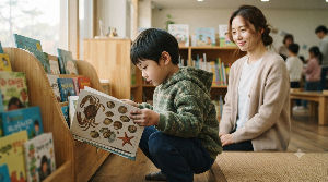 갯벌 체험 후 도서관에서 바다 생물 도감을 스스로 찾아보는 초등 저학년 아이
