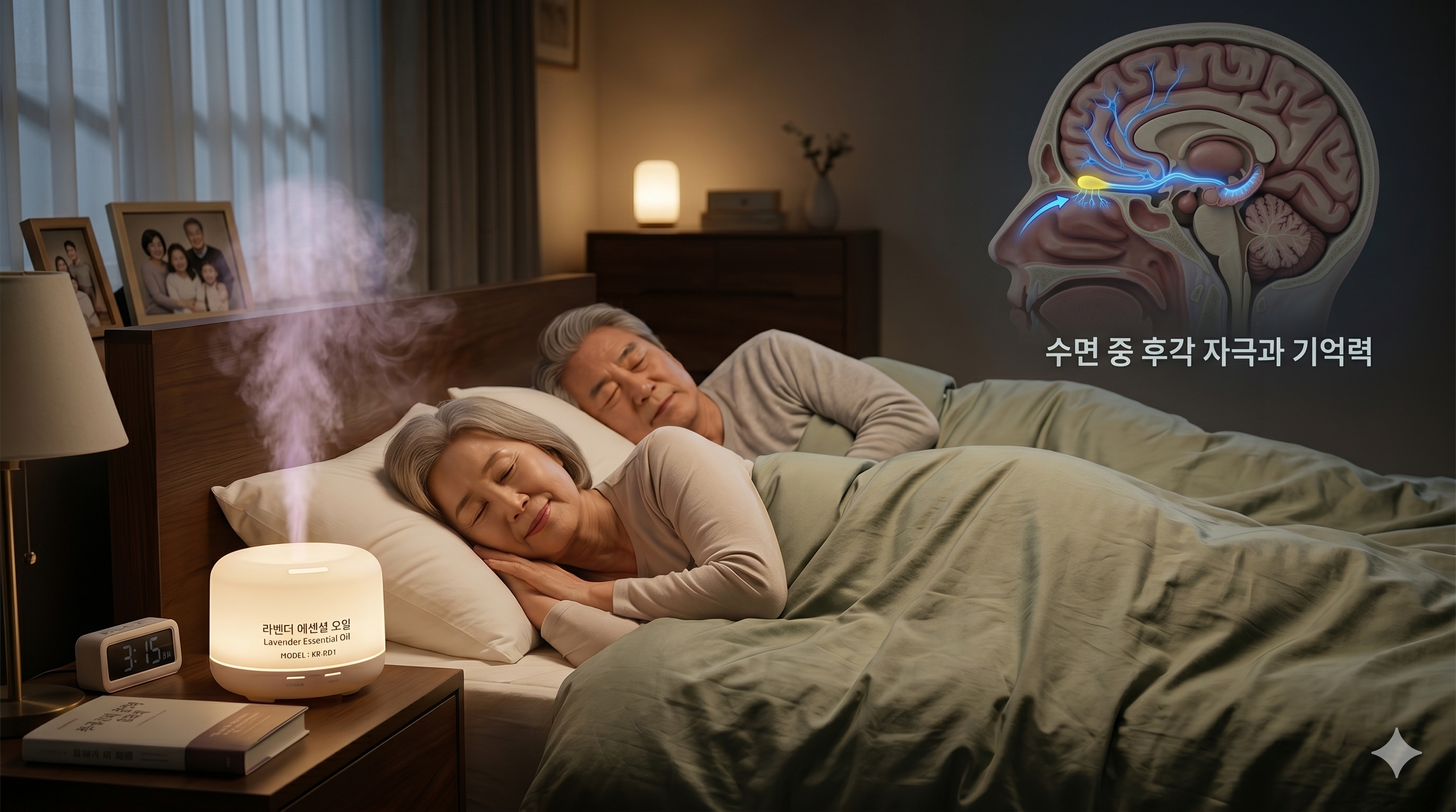 침실 침대 옆 탁상 위에서 은은한 천연 아로마 향기 미스트가 뿜어져 나오며 노년층의 숙면과 뇌 세포 활성화를 돕는 야간 인지 치료 전경