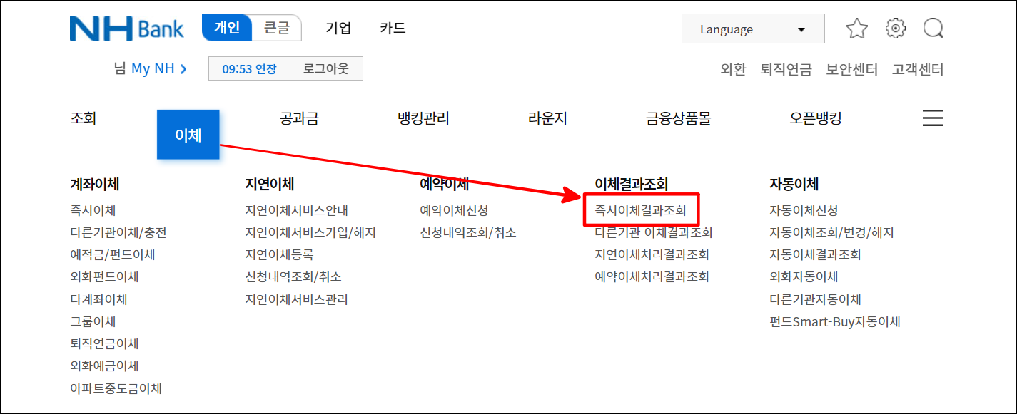 이체 메뉴를 선택한 뒤, 즉시이체결과조회를 선택