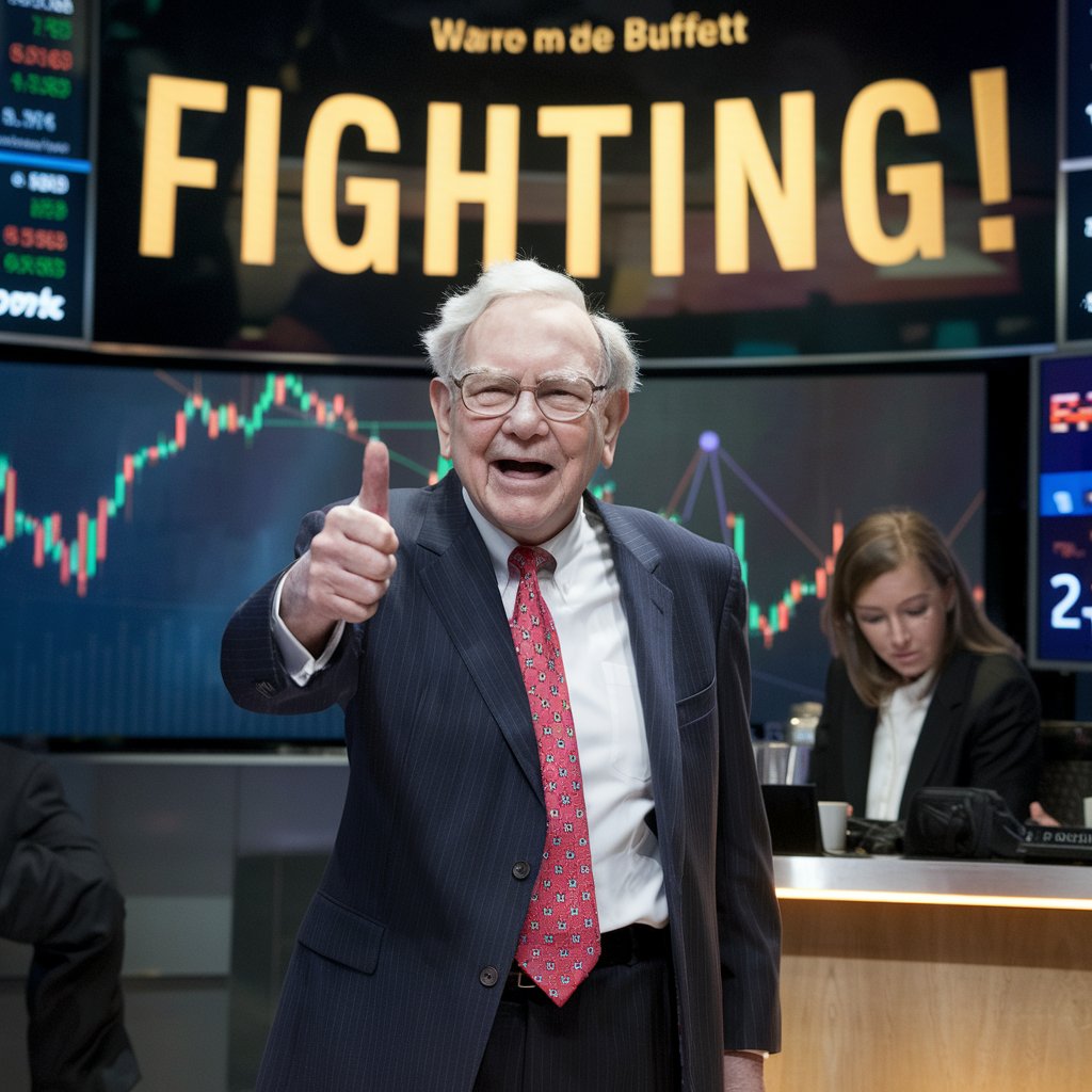 주식-시장-그래프-배경-앞-엄지손가락-들어-올리며-웃고-있는-워런-버핏,-빨간-넥타이-착용-정장-복장-투자-성공-금융-시장-자신감-상징