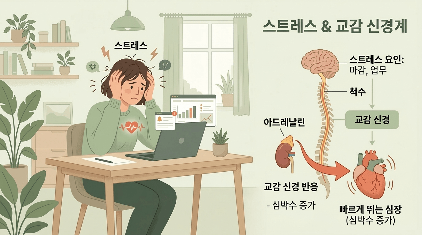 스트레스 상황에서 교감신경이 활성화되는 과정을 간결하게 표현한 일러스트