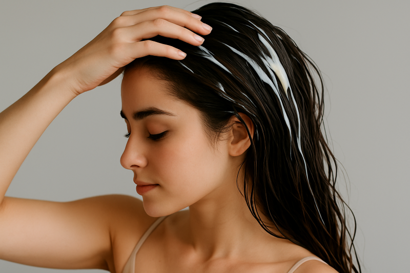 &quot;길고 풍성한 머리에 크림 타입 헤어 트리트먼트를 바르며 헤어관리를 하고 있는 여성&quot;