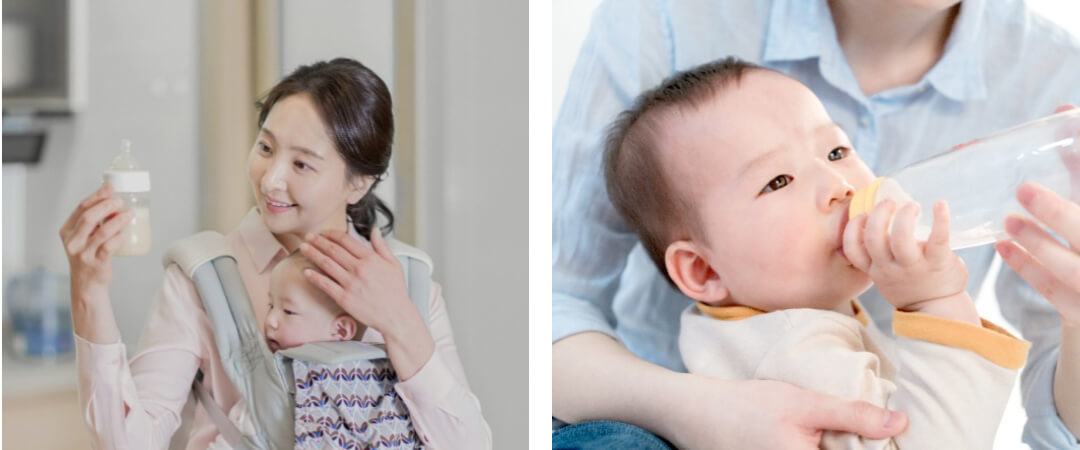 아이를 안고 분유를 들고있는 사진