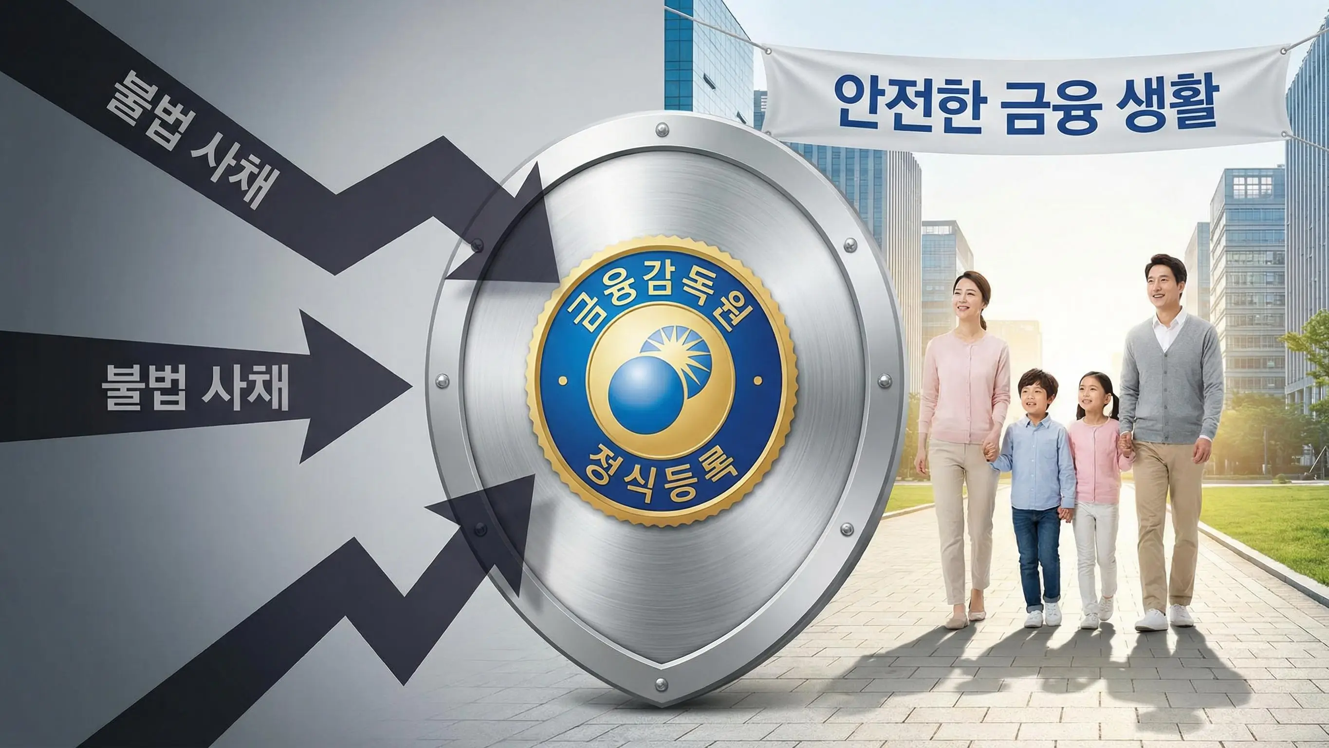 금융감독원 정식 등록 마크가 찍힌 방패가 불법 사채의 위험으로부터 사용자를 보호하는 안전한 금융 생활 이미지