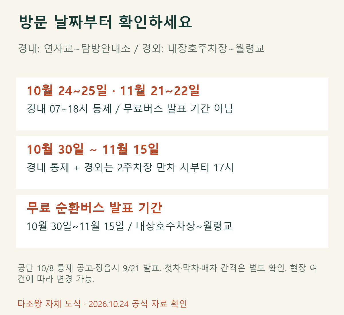 2026 내장산 차량 통제일과 무료 순환버스 발표 기간을 구분한 방문일 안내