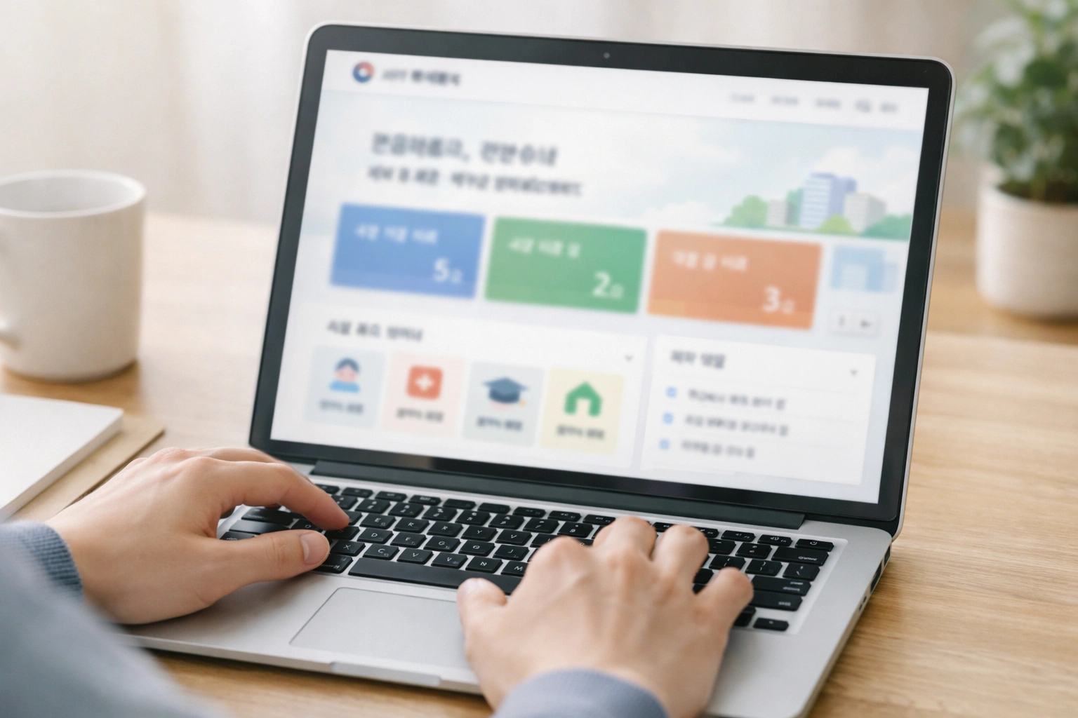 노트북으로 정부지원금 조회하는 모습 흐림 처리된 대시보드 화면