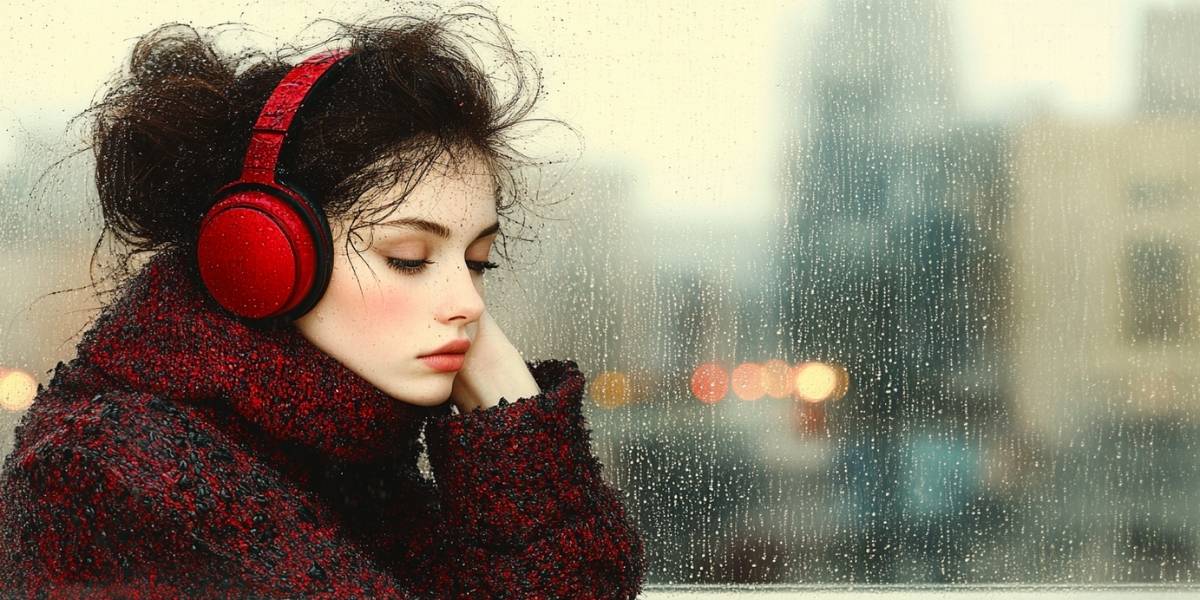 A person sitting by a window on a rainy day, wearing headphones, lost in thought, raindrops on the glass reflecting city lights, cozy and melancholic atmosphere, soft warm lighting, ultra-realistic cinematic portrait