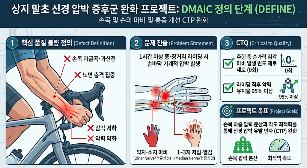 자전거 핸들바 압박으로 인한 손목 신경 마비 개선을 위한 DMAIC 정의 단계 인포그래픽.