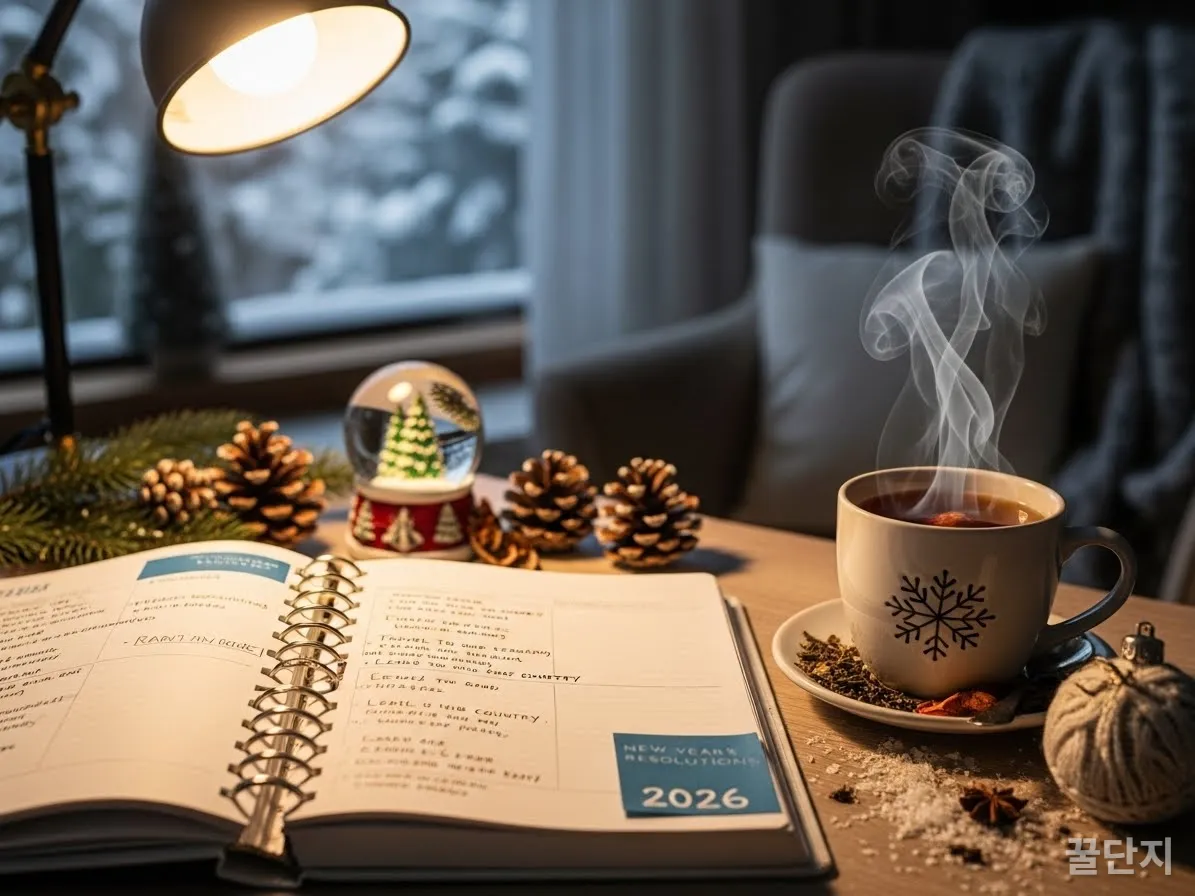2026년 새해 목표가 적힌 플래너와 따뜻한 차가 놓인 겨울 분위기의 책상