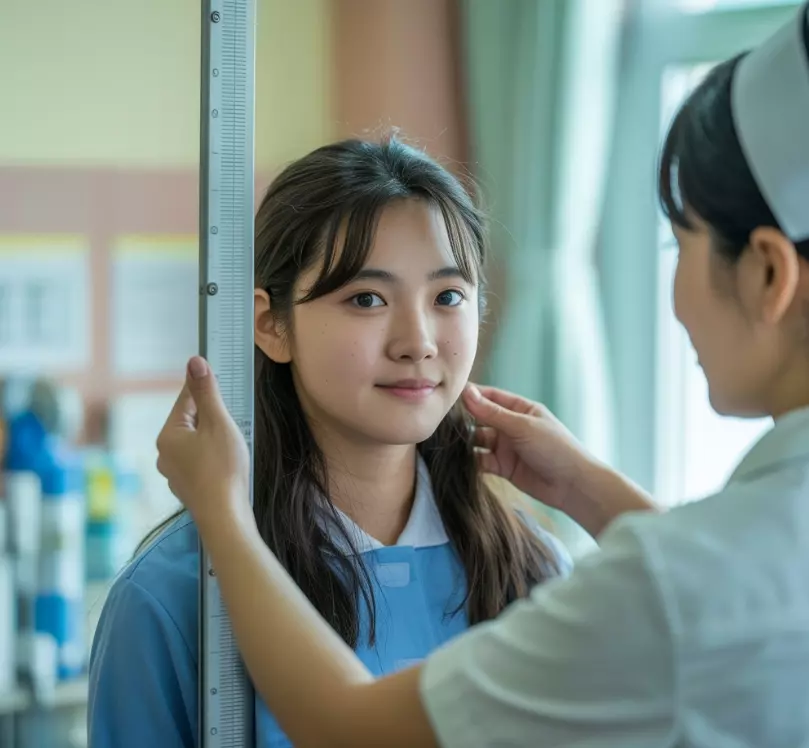 병원에서 키를 재고 있는 이미지