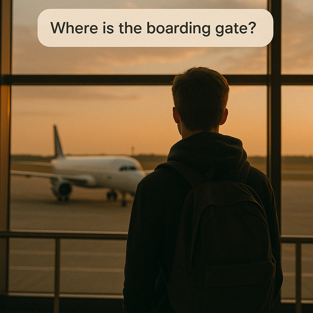 탑승 게이트 앞에서 비행기를 기다리는 여행자의 모습으로&amp;#44; &lsquo;Where is the boarding gate?&rsquo; 표현을 시각화한 이미지입니다.