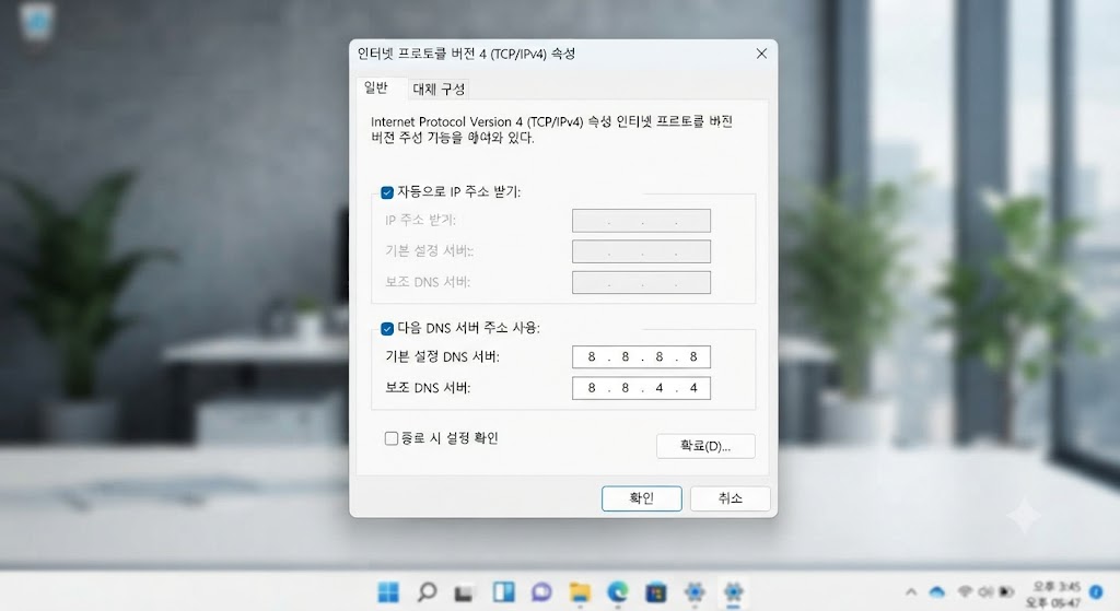 윈도우 11 바탕화면 위에 '인터넷 프로토콜 버전 4 (TCP/IPv4) 속성' 창이 떠 있는 스크린샷입니다. 창 안의 '다음 DNS 서버 주소 사용' 라디오 버튼이 체크되어 있으며, '기본 설정 DNS 서버' 입력란에 '8.8.8.8', '보조 DNS 서버' 입력란에 '8.8.4.4'가 정확히 입력되어 있습니다