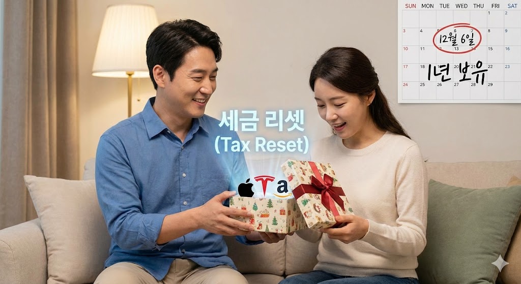 남편이 아내에게 주식을 선물 상자로 주고, 아내가 1년 뒤(달력)에 열어보며 '세금 0원'에 기뻐하는 모습