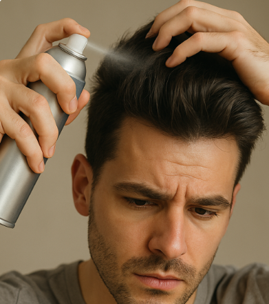헤어 스프레이를 뿌리는 남성 사진