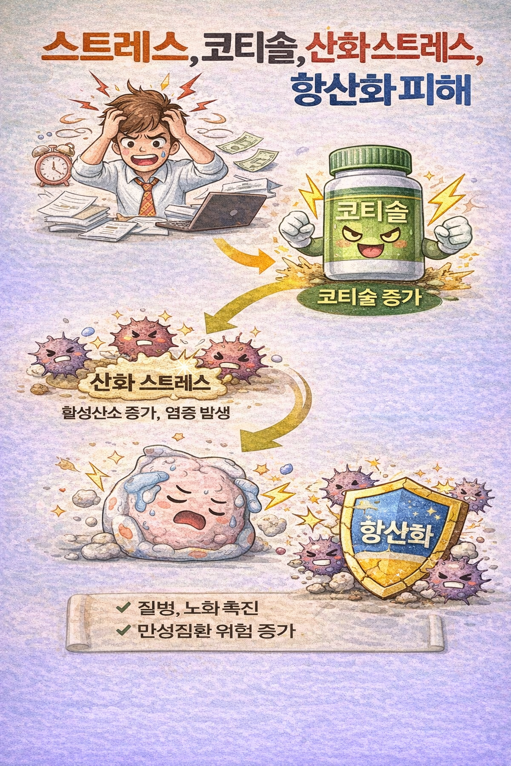 스트레스 코르티솔 산화 스트레스 항산화 시스템 손상 — HPA 축 Nrf2 억제 텔로미어 단축 연결 기전
