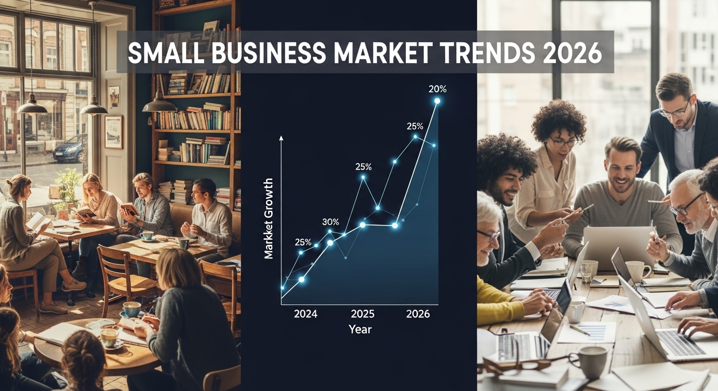 2026년 소상공인 트렌드를 보여주는 그래프와 책 카페, 비즈니스 회의 장면이 함께 담긴 콜라주 이미지