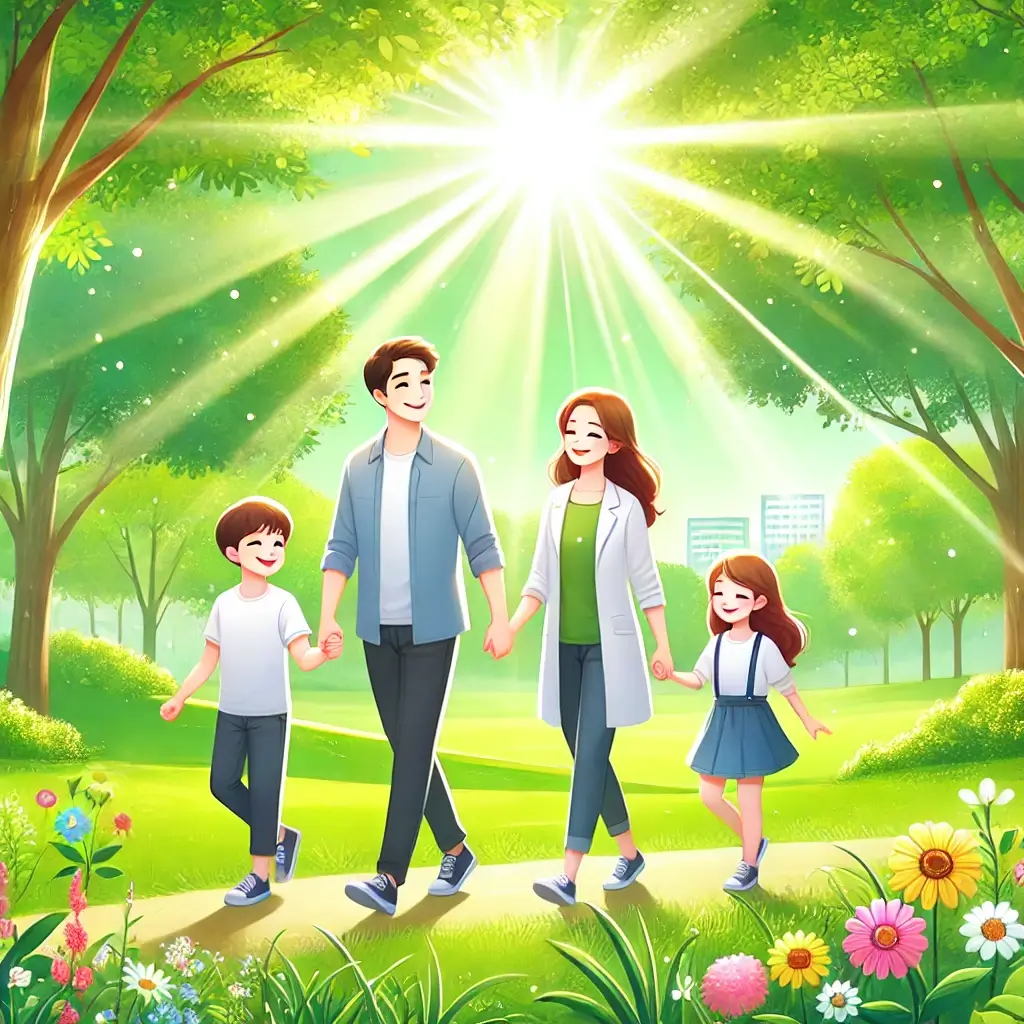 푸른-나무와-화사한-꽃들로-둘러싸인-공원에서-밝은-햇살-아래-가족이-함께-손을-잡고-웃으며-산책하는-모습