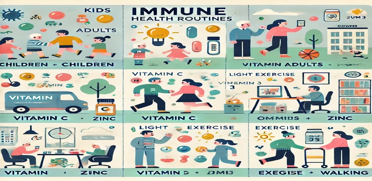 연령대별 면역 루틴 인포그래픽 – 어린이, 성인, 노인을 위한 면역 보충제와 생활 습관