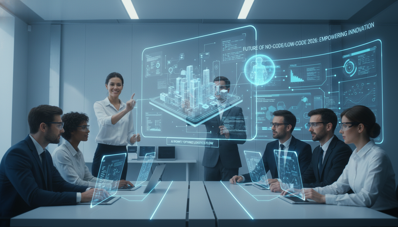 2026년 노코드/로우코드의 미래를 보여주는 이미지. 시민 개발자들이 AI 및 홀로그램 인터페이스를 활용하여 혁신적인 앱을 협력하여 개발하고 있다.