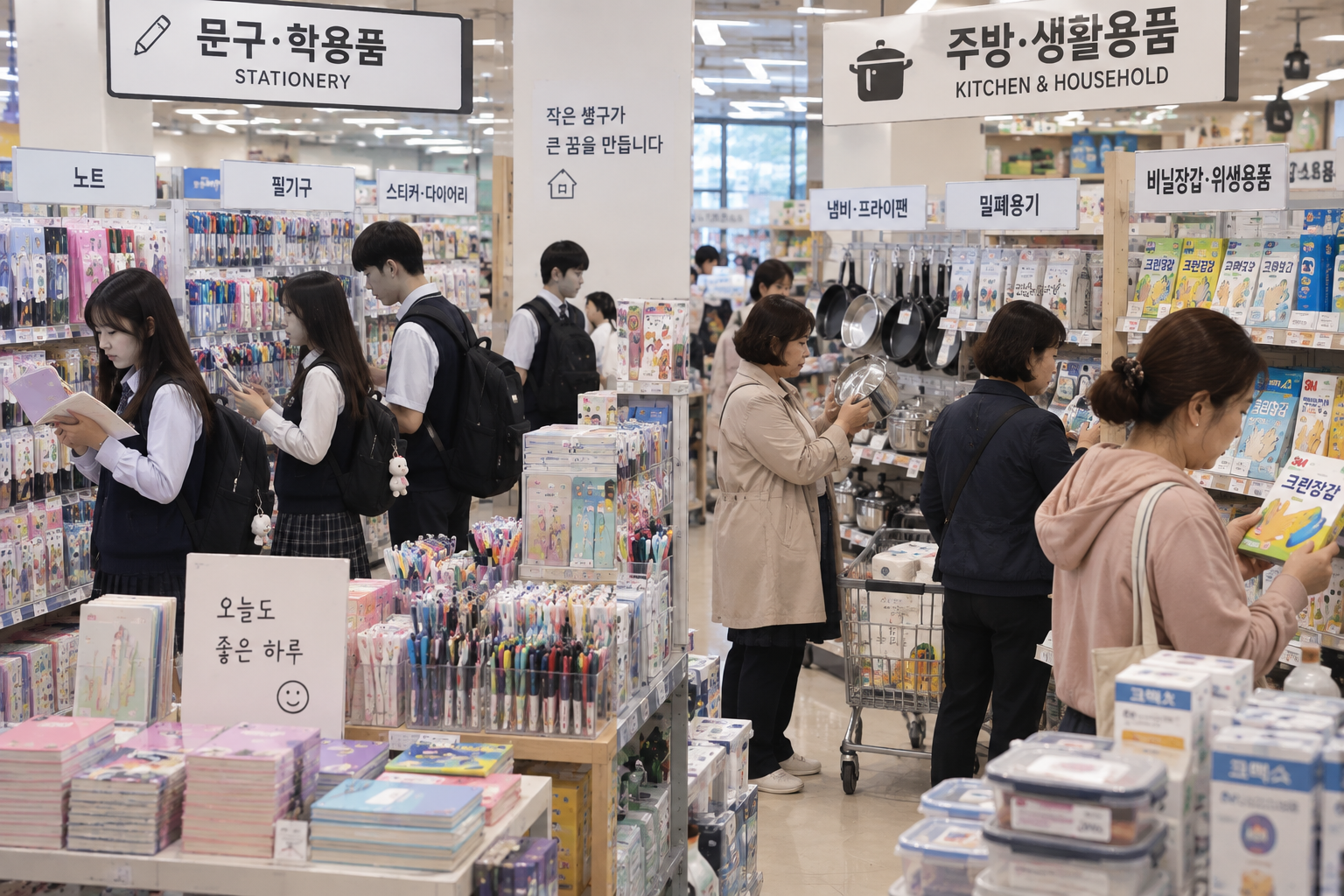학생들은 문구용품을, 주부들은 주방·생활용품을 고르는 모습