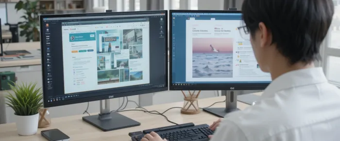 듀얼 모니터로 썸네일 비교 작업 중