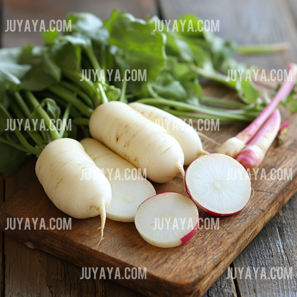 마 위에 놓인 잘린 무와 빨간 무&amp;#44; 무청이 함께 어우러진 신선한 재료들.