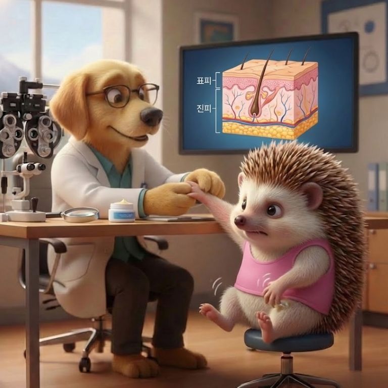 의사선생님이 몸을 긁고 있는 도치씨의 팔을 잡아 조심스럽게 살펴보고 있는 모습