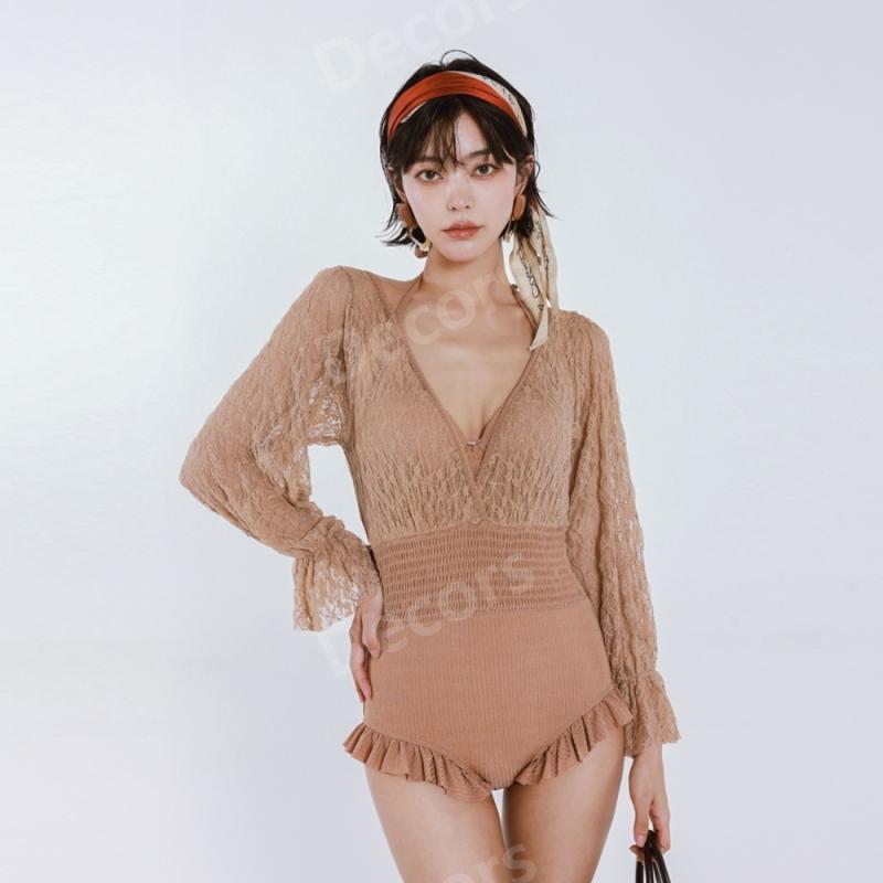 베이지 프릴 레이스 긴팔 모노키니 시스루 수영복