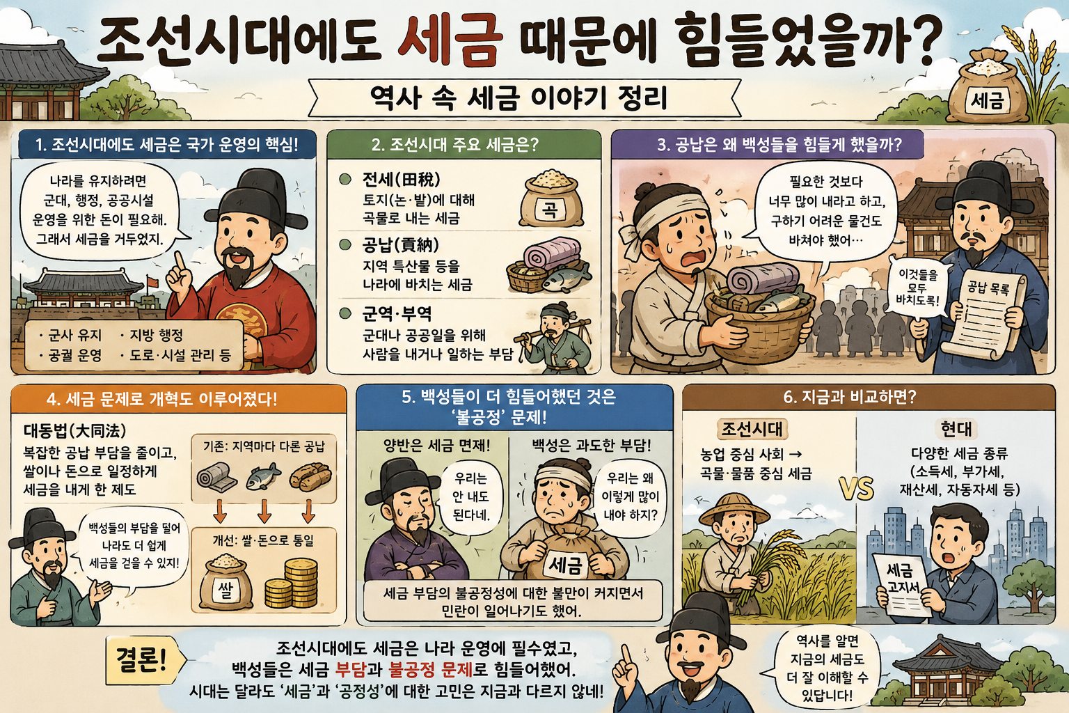 조선시대 조용조 제도와 대동법 및 균역법 역사 속 세금 이야기 요약 인포그래픽