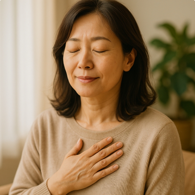 아침 햇살 아래 평온한 표정으로 눈을 감고 있는 여성의 모습, 안정과 회복을 상징