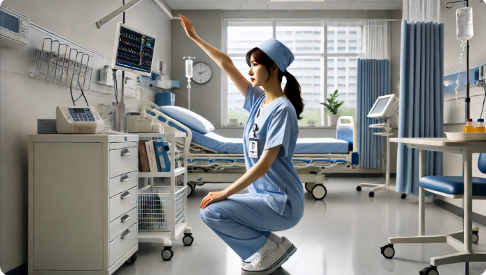 병동에서 간단하게 스트레칭하는 간호사