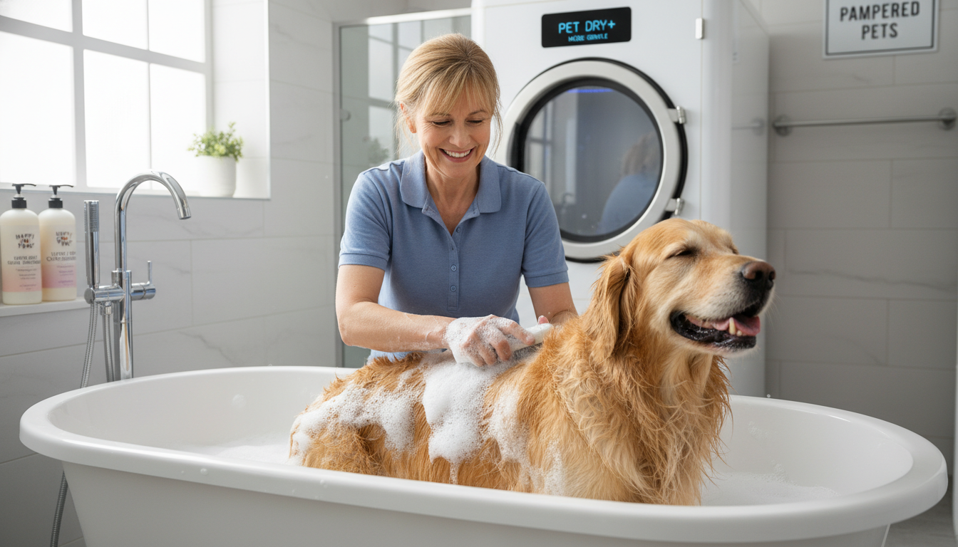 안전한 욕실에서 보호자와 함께 즐겁고 편안하게 목욕하고 있는 골든 리트리버 대형견