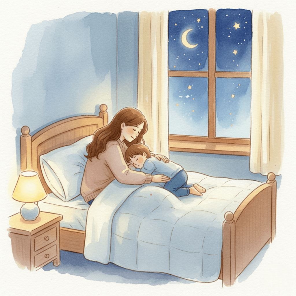 잠든 아이의 등을 토닥이며 스킨십을 하는 엄마의 평온한 밤 풍경