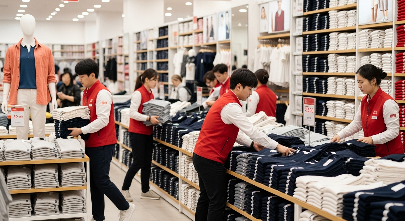 유니클로 매장 내 직원들이 재고 물품 박스를 옮기거나 상품을 정리하는 모습