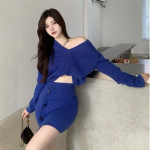 여성 봄가을 블루 V넥 니트 스웨터 섹시 투피스 클럽