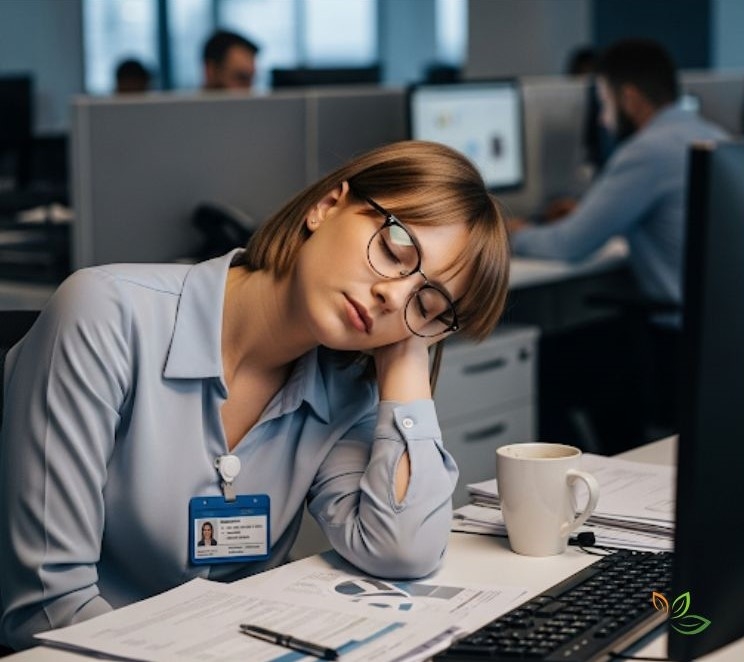 Tired businesswoman with glasses resting her head on her hand at office desk with laptop and coffee mug, appearing exhausted from work VIA CANVA