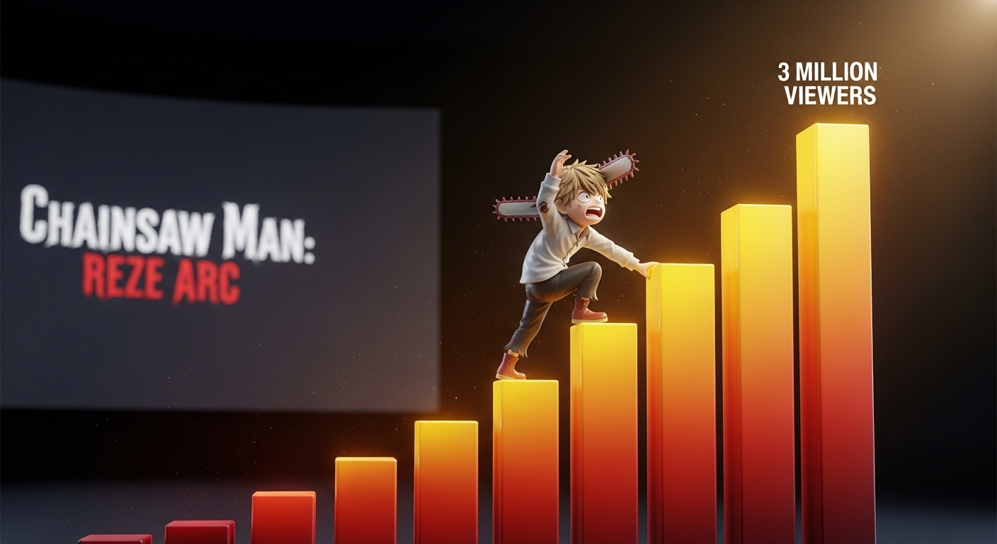 2025년 300만 관객 돌파를 상징하는 '체인소 맨: 레제편'의 역대급 흥행 기록을 나타내는 그래프 이미지.